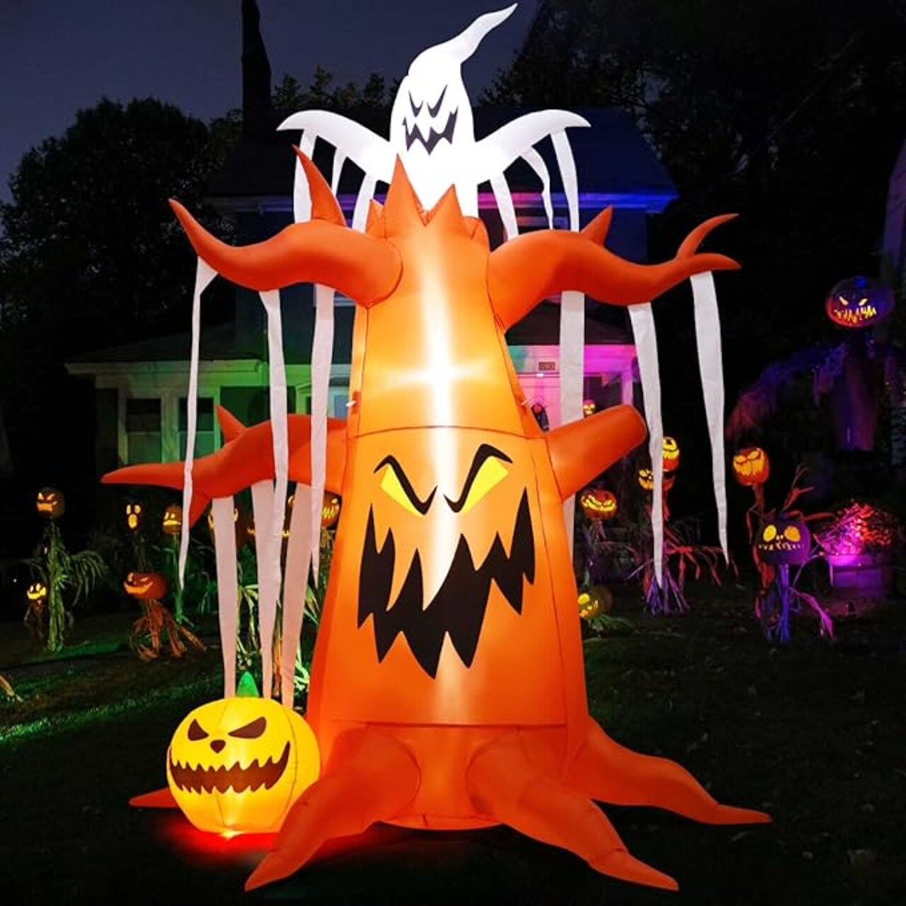 GOOSH 10 FT Halloween Inflatables Scary Dead Tree with Pumpkin and Ghost with Built-in LEDs